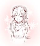  blush breasts cleavage closed_eyes headphones large_breasts lineart long_hair merryhachi nitroplus open_mouth smile solo super_sonico 