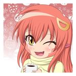  1girl :d chibi christmas coffee coffee_mug eyebrows eyebrows_visible_through_hair fang hair_ornament hairclip highres lamia long_hair miia_(monster_musume) monster_girl monster_musume_no_iru_nichijou one_eye_closed open_mouth pointy_ears portrait red_hair slit_pupils smile solo staticwave steam sweater turtleneck white_border yellow_eyes 