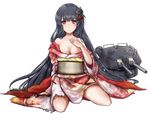  bare_shoulders black_hair blush breasts broken burnt_clothes cannon cleavage collarbone floral_print flower frown full_body fusou_(kantai_collection) hair_flower hair_ornament hairpin hand_on_own_chest japanese_clothes kantai_collection kimono long_hair long_sleeves looking_at_viewer machinery medium_breasts new_year obi official_art open_clothes open_kimono red_eyes rikka_(rikka331) sash sitting solo torn_clothes transparent_background turret very_long_hair wide_sleeves 