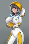  :&lt; animal_ears arched_back ass_visible_through_thighs astronaut between_breasts black_hair blue_eyes bodysuit breasts cat_ears closed_mouth commentary cowboy_shot doll doll_hug embarrassed genderswap genderswap_(mtf) gloves graffiti grey_background helmet hose large_breasts league_of_legends legs_apart long_hair looking_at_viewer nautilus_(league_of_legends) raised_eyebrows simple_background skin_tight solo spacesuit standing vanquice 