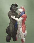  2015 abs anthro balls biceps black_fur black_hair black_nose blue_fur blue_hair blue_nose canine duo embracing eyes_closed fur green_fur hair holding hug kaynine kissing male male/male mammal multicolored_hair muscular nude pecs red_fur sheath size_difference standing two_tone_hair white_fur 