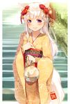  2016 animal_ears bangs blunt_bangs blush bracelet earrings floral_print flower fox_ears fox_tail hair_flower hair_ornament highres japanese_clothes jewelry kimono meth_(emethmeth) mole mole_under_eye nengajou new_year obi original purple_eyes sash slit_pupils smile solo tail white_hair 