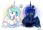  amberlumines anthro anthrofied big_breasts blush breast_envy breasts cleavage clothed clothing crown duo equine feathered_wings feathers female friendship_is_magic hair horn mammal my_little_pony princess_celestia_(mlp) princess_luna_(mlp) small_breasts smile teasing winged_unicorn wings 