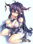  bare_shoulders black_gloves black_hair breasts danua detached_sleeves draph dress fingerless_gloves gloves granblue_fantasy horn_ornament horns large_breasts long_hair long_sleeves morochin_(mo_loss_an) neckerchief pointing pointing_at_viewer purple_eyes sitting solo thumb_sucking very_long_hair wariza white_dress 