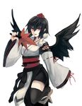  black_hair black_legwear black_wings geta hat japanese_clothes kourindou_tengu_costume leg_up long_sleeves looking_at_viewer natsuyuki obi open_mouth pointy_ears pom_pom_(clothes) red_eyes ribbon sash shameimaru_aya short_hair simple_background smile solo string tengu-geta thighhighs tokin_hat touhou white_background wide_sleeves wings 