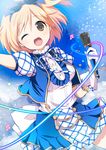  alternate_costume blonde_hair blush brown_eyes djeeta_(granblue_fantasy) dress granblue_fantasy hairband kimi_to_boku_no_mirai looking_at_viewer microphone one_eye_closed open_mouth puffy_sleeves ragho_no_erika short_hair short_sleeves smile solo 