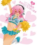  bad_id bad_pixiv_id breasts cheerleader cleavage commentary_request crop_top headphones kayu_(kayu708) large_breasts long_hair looking_at_viewer midriff miniskirt navel nitroplus open_mouth pink_eyes pink_hair pom_poms skirt smile solo super_sonico v-neck 