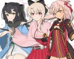  3girls atsumisu bangs black_bow black_gloves black_hair black_jacket black_scarf blonde_hair blush bow breasts brown_eyes character_name chloe_von_einzbern cleavage closed_mouth collarbone commentary_request cosplay cowboy_shot dress eyebrows_visible_through_hair fate/grand_order fate/kaleid_liner_prisma_illya fate_(series) folded_ponytail gloves hair_between_eyes hair_bow hair_ornament hairclip hakama haori head_tilt high_ponytail holding holding_sheath holding_sword holding_weapon illyasviel_von_einzbern jacket japanese_clothes katana kimono koha-ace long_hair long_sleeves looking_at_viewer miyu_edelfelt multiple_girls obi okita_souji_(alter)_(fate) okita_souji_(alter)_(fate)_(cosplay) okita_souji_(fate) okita_souji_(fate)_(all) okita_souji_(fate)_(cosplay) petals pink_hair pink_kimono ponytail red_bow red_dress red_eyes red_hakama sash scarf shadow sheath short_kimono short_sleeves sidelocks simple_background small_breasts smile sword tassel translation_request unsheathing weapon white_background white_kimono wide_sleeves 