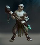  absurd_res american_bulldog anthro armor canine clothed clothing digitigrade fighting_stance fur half-dressed hammer hi_res holding_weapon male mammal melee_weapon overgrowth simple_background solo steve_hong tools topless weapon white_fur 