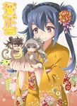  2016 2boys alternate_hairstyle animal_costume banana blue_hair brown_eyes brown_hair chibi closed_eyes costume double_bun fire_emblem fire_emblem_if food fruit grey_hair hair_ornament hairclip happy_new_year hinata_(fire_emblem_if) japanese_clothes kimono long_hair momosemocha monkey_costume multiple_boys new_year oboro_(fire_emblem_if) open_mouth pink_eyes ponytail scar sitting takumi_(fire_emblem_if) twintails 