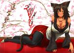  animal_ears arm_support armband blush breasts brown_hair cherry_blossoms dark_skin detached_sleeves fur highres huge_breasts jewelry long_hair miniskirt necklace nekomusume_(pekoneko) original pekoneko petals skirt smile solo thighhighs yellow_eyes zettai_ryouiki 