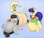  2016 applejack_(eg) augustbebel belly big_belly big_breasts blonde_hair breasts clothed clothing cowboy_hat cutie_mark earth_pony english_text equestria_girls equine erect_nipples female fiddlesticks_(mlp) friendship_is_magic fur green_eyes group hair hat hooves horse human interspecies long_hair mammal my_little_pony nipples octavia_(mlp) open_mouth overweight pony same_size simple_background size_difference smile soft_vore teeth text tongue tongue_out vore 