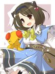  animal_ears bag belt bow breasts brown_hair cat_ears child commentary_request draph dress goma_(gomasamune) granblue_fantasy hair_bobbles hair_bow hair_ornament looking_at_viewer md5_mismatch oppai_loli outstretched_arm shawl short_hair smile solo stuffed_animal stuffed_toy teddy_bear translation_request yaia_(granblue_fantasy) 