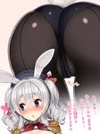  animal_ears ass beret blue_eyes blush breasts bunny_ears bunny_girl bunny_tail bunnysuit cleavage close-up epaulettes hat highres kantai_collection kashima_(kantai_collection) kuro_chairo_no_neko large_breasts long_hair looking_away military military_uniform open_mouth pantyhose silver_hair solo tail translation_request twintails uniform 