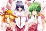  aqua_eyes arrow blonde_hair crossed_arms frog_hair_ornament green_hair hair_ornament hair_up hakama hamaya hat japanese_clothes kochiya_sanae long_sleeves miko moriya_suwako multiple_girls omamori open_mouth osashin_(osada) petals purple_hair red_eyes red_hakama rope shimenawa shirt skirt smile snake_hair_ornament touhou wide_sleeves yasaka_kanako yellow_eyes 