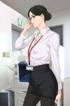  amano_ameno black_eyes black_hair black_legwear breasts collared_shirt erect_nipples formal glasses hairband indoors looking_at_viewer name_tag no_bra office_lady original parted_lips pencil_skirt printer shirt shirt_tucked_in skirt solo 