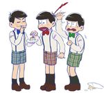  adapted_costume black_hair bow bowl_cut bowtie brothers cake closed_eyes dress_shirt food fork fork_in_mouth male_focus matsuno_choromatsu matsuno_karamatsu matsuno_osomatsu multiple_boys osomatsu-kun osomatsu-san plaid plaid_shorts plate shirt shorts siblings simple_background smile stabbing suspender_shorts suspenders takktagu white_background 