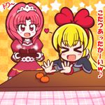  &gt;_&lt; :d akagi_towa black_dress blonde_hair blush_stickers checkered checkered_background closed_eyes commentary_request cup dokidoki!_precure dress food fruit go!_princess_precure guardias hair_ribbon heart kotatsu mandarin_orange multiple_girls new_year open_mouth partially_translated precure red_dress red_eyes red_hair red_ribbon regina_(dokidoki!_precure) ribbon smile star table tea teacup tiara trait_connection translation_request xd yunomi 