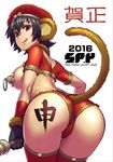  :q animal_ears ass bad_id bad_pixiv_id black_gloves black_hair body_writing breasts brown_eyes gloves hat large_breasts looking_at_viewer monkey_ears monkey_tail new_year original pasties short_hair short_shorts shorts solo staff tail tongue tongue_out white_background yorozu 