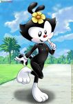  animaniacs bbmbbf black_fur clothing cloud digital_media_(artwork) dot_warner female flower fur gloves hi_res mammal nude outside palcomix plant public_nudity pussy sky smile solo text 