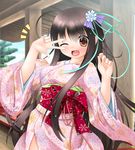  black_hair brown_eyes fang flower hair_flower hair_ornament highres japanese_clothes kanna_hisashi kimono long_hair looking_at_viewer one_eye_closed open_mouth original smile solo v 