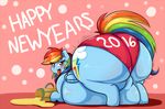  2016 belly big_belly blue_fur butt clothed clothing cutie_mark english_text equine feathers female friendship_is_magic fur graphene hair holidays hooves horse long_hair looking_at_viewer looking_back mammal multicolored_hair multicolored_tail my_little_pony new_year open_mouth overweight pegasus pony rainbow_dash_(mlp) rainbow_hair rainbow_tail simple_background smile solo teeth text tongue underwear wings 