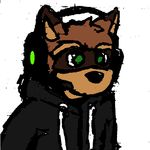  2016 aliasing anthro black_nose brown_fur bust_portrait clothed clothing fur gray_topwear green_eyes headset hoodie icon mammal ms_paint olicoon raccoon simple_background solo white_background 