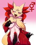  anthro blush breasts canine delphox erection fox fur geiru_mirua herm inner_ear_fluff intersex looking_at_viewer mammal nintendo open_mouth penis pok&eacute;mon red_eyes smile solo video_games 