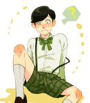  :&lt; ? alternate_costume arm_support black_hair bow bowtie dress_shirt male_focus matsuno_choromatsu osomatsu-kun osomatsu-san plaid plaid_shorts protected_link shirt shorts simple_background sitting solo spoken_question_mark suspender_shorts suspenders sweatdrop white_background 