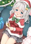  alcohol aran_sweater blue_eyes blush box christmas christmas_tree couch cup drinking_glass drunk frilled_pillow frills gift gift_box glass hat highres kantai_collection kashima_(kantai_collection) looking_at_viewer pillow santa_costume santa_hat silver_hair sitting skirt smile solo sweater takoyaki_(takoyaki-batake) twintails wine_glass 