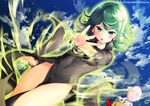  1girl 2016 :o artist_name bald black_dress black_eyes blue_sky blush cape collar collarbone covered_navel cowboy_shot curly_hair dress dutch_angle expressionless floating floating_rock gloves green_eyes green_hair hips kaho_okashii levitation long_sleeves looking_at_viewer one-punch_man open_mouth outstretched_arm palms red_gloves saitama_(one-punch_man) side_slit sky solo_focus tatsumaki telekinesis 