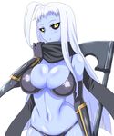  black_bra black_panties blue_skin bra breasts dullahan full_body gauntlets greaves highres lala_(monster_musume) large_breasts long_hair mimizu_(tokagex) monster_musume_no_iru_nichijou navel panties revision scythe shiny shiny_skin simple_background solo underwear very_long_hair white_background white_hair yellow_eyes 