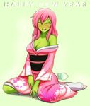  ;d alisa_(razalor) blush bottle breasts cleavage green_skin happy_new_year japanese_clothes kimono long_hair looking_at_viewer md5_mismatch medium_breasts new_year off_shoulder one_eye_closed open_mouth original pink_hair razalor red_eyes sitting smile socks solo teeth wariza white_legwear 