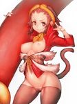  2016 bike_shorts breasts breasts_outside cameltoe cowboy_shot fumio_(rsqkr) groin hairband long_sleeves looking_at_viewer lowleg lowleg_pants marvel_vs._capcom marvel_vs._capcom_2 medium_breasts monkey_girl monkey_tail nipples no_bra pants red_eyes red_hair salute short_hair simple_background smile solo sonson tail thighs white_background 