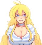  :d blonde_hair blue_eyes borrowed_character braid breasts cassie_torbjornson choker cleavage huge_breasts long_hair open_mouth original razalor shirt simple_background smile solo striped striped_shirt teeth twin_braids white_background 