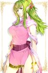  bracelet breasts chiki chiki_(cosplay) cosplay delsaber dress fire_emblem fire_emblem:_kakusei fire_emblem:_monshou_no_nazo green_eyes green_hair hair_ornament hair_ribbon highres jewelry large_breasts long_hair looking_at_viewer mamkute older pink_dress pointy_ears ribbon short_dress side_slit solo 