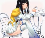  black_eyes black_hair boots chair crossed_legs cup epaulettes hair_ornament kettle kill_la_kill kiryuuin_satsuki long_hair looking_at_viewer miniskirt saitou_(sugarsa10) simple_background skirt solo table thigh_boots thighhighs uniform white_footwear white_legwear 