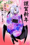  arachne carapace check_translation claws extra_eyes floral_print full_body highres insect_girl japanese_clothes kimono lavender_hair lolinera monster_girl monster_musume_no_iru_nichijou multiple_legs purple_eyes rachnera_arachnera s-now signature smile solo spider_girl translation_request twintails unmoving_pattern younger 