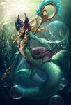  air_bubble blonde_hair bubble center_opening fins floating_hair frills full_body gorget helmet highres holding holding_weapon jewelry league_of_legends long_hair mermaid monster_girl nami_(league_of_legends) outstretched_arm red_eyes revision scales seaweed signature solo staff swimming underwater weapon yume_ou 