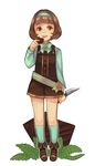  androgynous bad_id bad_tumblr_id bangs banned_artist blunt_bangs bow bowtie brown_eyes brown_hair buttons chara_(undertale) character_name chocolate commentary emblem full_body green_legwear green_shirt hairband kneehighs knife leaf llicornia long_sleeves mint open_mouth overalls reverse_grip ribbon shirt simple_background solo spoilers standing striped striped_bow undertale white_background 