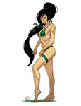  akali bikini black_hair blush breasts covered_nipples from_side full_body ganassa green_bikini green_eyes hair_ribbon high_ponytail highres large_breasts league_of_legends lips long_hair low-tied_long_hair pose revision ribbon sideboob smile solo strap_gap swimsuit toned underboob white_background 