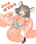  alternate_costume animal_ears brown_eyes floral_print grey_hair happy_new_year japanese_clothes kimono long_sleeves mayoln mouse_ears nazrin new_year obi open_mouth sash smile solo touhou wide_sleeves 