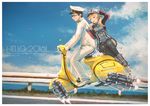  1boy 1girl 2016 :d admiral_(kantai_collection) anchor_hair_ornament black-framed_eyewear black_hair black_legwear black_skirt blonde_hair blue_sky boots brown_eyes buttons cloud confetti day english flying from_side glasses gloves grass ground_vehicle guard_rail hair_ornament hand_on_another's_back hand_on_headwear happy_new_year hat highres jacket kantai_collection kuon_(kwonchanji) long_hair long_sleeves military military_uniform miniskirt motor_vehicle multiple_riders naval_uniform new_year ocean open_mouth outdoors pants peaked_cap prinz_eugen_(kantai_collection) riding road science_fiction shoes sidesaddle sitting skirt sky smile street thighhighs torpedo twintails uniform white_footwear white_gloves white_hat white_jacket white_pants 
