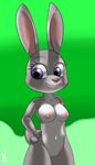  2016 anthro breasts disney female fur judy_hopps lagomorph long_ears mammal nipples nude pussy rabbit simple_background smile solo virate-chip zootopia 