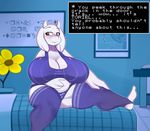  2016 anthro bed big_breasts blush boss_monster breasts caprine clothed clothing english_text female flower horn huge_breasts inside legwear long_ears mammal on_bed overweight panties plant solo somescrub text toriel undertale underwear video_games 