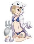  :d barefoot bikini blonde_hair blue_bikini blush breasts earrings hair_over_one_eye hood hoodie idolmaster idolmaster_cinderella_girls jewelry looking_at_viewer mercy_rabbit navel open_mouth phantasm red_eyes shirasaka_koume short_hair simple_background sitting sleeves_past_wrists small_breasts smile solo swimsuit tattoo wariza white_background 