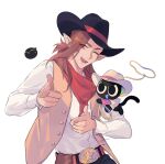  2boys bean_mr12 belt black_cat black_headwear brown_vest cat cowboy_hat eyebrows_visible_through_hair eyes_visible_through_hair hat highres lasso long_sleeves luoxiaohei luozhu_(the_legend_of_luoxiaohei) multiple_boys one_eye_closed open_mouth pointing pointing_at_viewer pointy_ears red_bandana red_eyes shirt signature simple_background smile the_legend_of_luo_xiaohei upper_body vest white_background white_shirt 