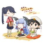  2girls :t admiral_(kantai_collection) bad_id bad_pixiv_id bangs barefoot black_hair black_legwear blunt_bangs chopsticks closed_eyes cushion dated dress eating food fudeyama_(fudeco) hair_ribbon hakama hat headgear holding holding_tray houshou_(kantai_collection) japanese_clothes kantai_collection kimono long_hair long_sleeves military military_uniform multiple_girls murakumo_(kantai_collection) pantyhose pillow ponytail pout remodel_(kantai_collection) ribbon sailor_dress school_uniform seiza serafuku short_eyebrows short_hair sitting skirt smile standing tasuki tatami thighband_pantyhose translated tray tress_ribbon uniform zabuton zouni_soup 