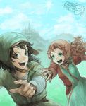  1girl aira_(dq7) black_eyes black_hair brown_hair castle curly_hair dragon_quest dragon_quest_vii gabo green_eyes hat hero_(dq7) hood jewelry kiefer long_hair maribel_(dq7) open_mouth orange_hair pr red_hair ring short_hair sir_mervyn smile teeth 