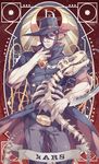  battle_tendency black_hair blade character_name coat copyright_name dinosaur hair_over_one_eye hat headdress highres holding jewelry jojo_no_kimyou_na_bouken kars_(jojo) male_focus octagram pendant red_eyes red_stone_of_aja skeleton solo sparkle wenny02 